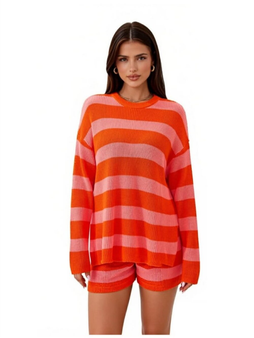 NEW 2Pc XXL Shorts & Sweater Set-Knit Pink & Orange Color Stripe-Women's